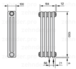 Схема (чертеж) Радиатор Zehnder Charleston 3100/4 №5510 Белый глянцевый RAL 9016